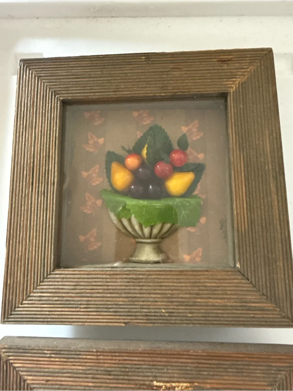 Framed Vintage Fruit Bowl Wall Art - Brown Frame, Green & Yellow Accents 6”x6”